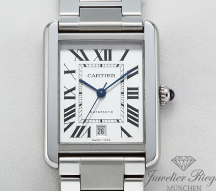 Uhransicht von vorne, hauptsächlich das Zifferblatt und die Lünette sichtbar. Cartier Tank Solo XL Edelstahl 2019 Automatik W5200028 Herren Damen Stahl