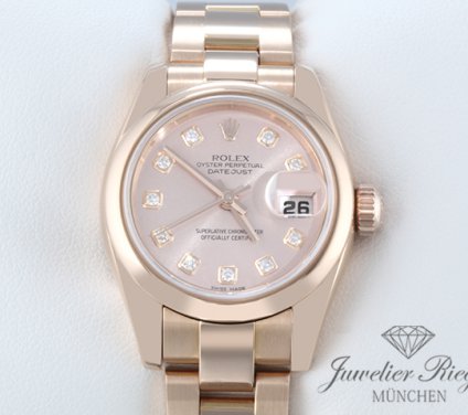 Uhransicht von vorne, hauptsächlich das Zifferblatt und die Lünette sichtbar. Rolex Lady Datejust 179165 2005 LC100 Rosegold 750 Diamanten Automatik Damen Gold