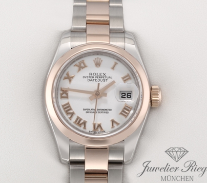 Uhransicht von vorne, hauptsächlich das Zifferblatt und die Lünette sichtbar. Rolex Lady Datejust 26 mm 179161 2010 Edelstahl Roségold 750 Automatik Gold