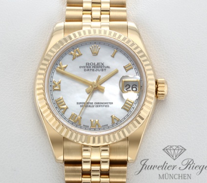 Uhransicht von vorne, hauptsächlich das Zifferblatt und die Lünette sichtbar. Rolex Datejust 31 mm Medium 178278 Gelbgold 750 Perlmutt Automatik Gold Damen