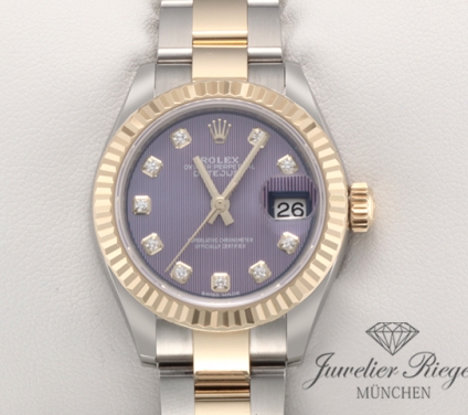Uhransicht von vorne, hauptsächlich das Zifferblatt und die Lünette sichtbar. Rolex Lady Datejust 28 mm 279173 Edelstahl Gelbgold 750 Diamanten Automatik Gold