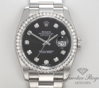 Uhransicht von vorne, hauptsächlich das Zifferblatt und die Lünette sichtbar. Rolex Datejust 36 mm 116244 2016 Stahl Weissgold 750 Diamanten Automatik Gold