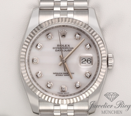 Uhransicht von vorne, hauptsächlich das Zifferblatt und die Lünette sichtbar. Rolex Datejust 36 mm 116234 Stahl Weissgold 750 Cacholong Diamanten Automatik
