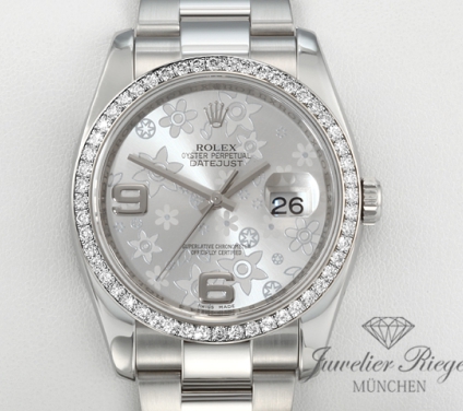 Uhransicht von vorne, hauptsächlich das Zifferblatt und die Lünette sichtbar. Rolex Datejust 36 mm 116244 Stahl Weissgold 750 Diamanten Automatik Gold