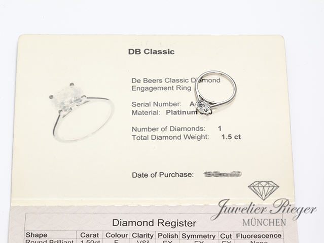 Bild 6 der Galerie: De Beers Solitär Ring DB Classic Platin 950 Diamant 1,50 ct. Brillant Gr. 52