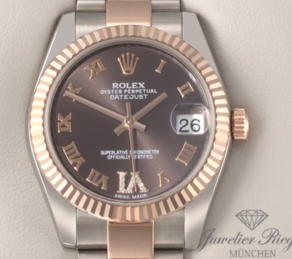 Uhransicht von vorne, hauptsächlich das Zifferblatt und die Lünette sichtbar. Rolex Datejust 31 mm 178271 2015 Stahl Rosegold 750 Diamanten Automatik Gold