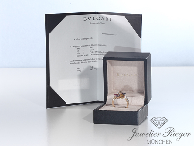 Bild 5 der Galerie: Bvlgari Ring Flora Gelbgold 750 Diamanten Bunte Saphire Gr 57 Bulgari Gold