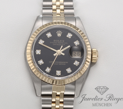 Uhransicht von vorne, hauptsächlich das Zifferblatt und die Lünette sichtbar. Rolex Lady Datejust Edelstahl Gelbgold 750 Diamanten Automatik Gold Stahl