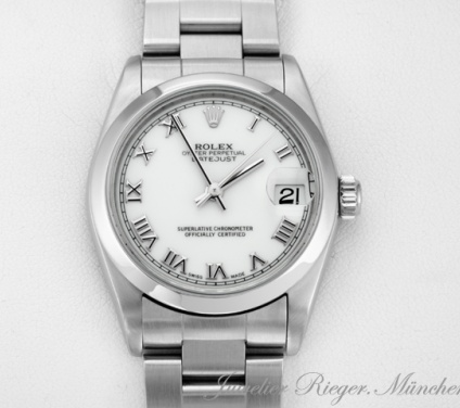 Uhransicht von vorne, hauptsächlich das Zifferblatt und die Lünette sichtbar. Rolex Medium Datejust 31 mm 2004/05 Edelstahl Automatik Damen Stahl Lady
