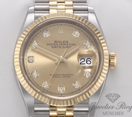 Uhransicht von vorne, hauptsächlich das Zifferblatt und die Lünette sichtbar. Rolex Datejust 36 126233 Edelstahl Gelbgold 750 Diamanten Automatik Gold