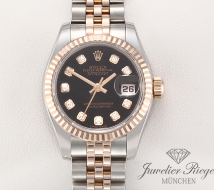 Uhransicht von vorne, hauptsächlich das Zifferblatt und die Lünette sichtbar. Rolex Lady Datejust 26 mm 179171 2011 Stahl Rosegold 750 Diamanten Automatik