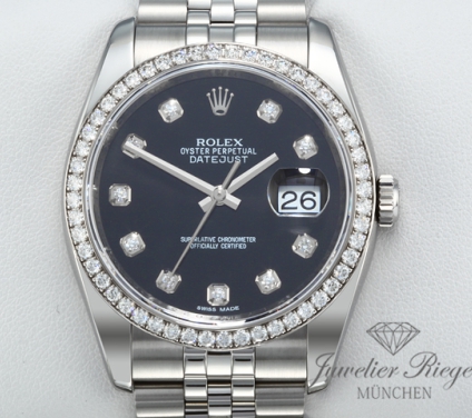 Uhransicht von vorne, hauptsächlich das Zifferblatt und die Lünette sichtbar. Rolex Datejust 36 mm 116244 2011 Stahl Weissgold 750 Diamanten Automatik Gold