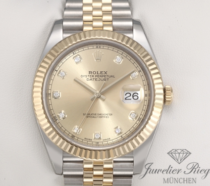 Uhransicht von vorne, hauptsächlich das Zifferblatt und die Lünette sichtbar. Rolex Datejust 41 126333 Edelstahl Gelbgold 750 Diamanten Automatik Gold