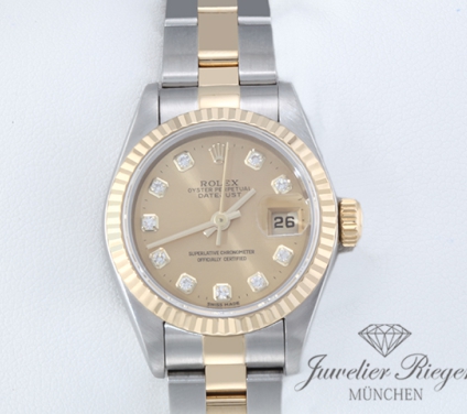 Uhransicht von vorne, hauptsächlich das Zifferblatt und die Lünette sichtbar. Rolex Lady Datejust Edelstahl Gelbgold 750 Diamanten 1995 Automatik Gold Stahl