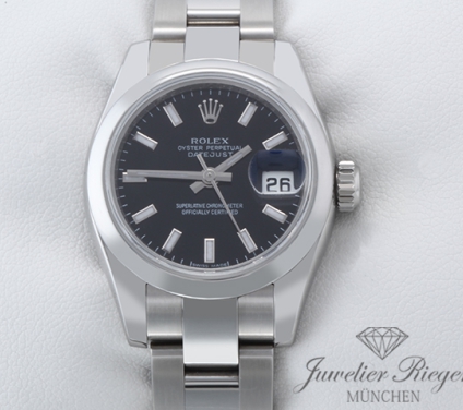 Uhransicht von vorne, hauptsächlich das Zifferblatt und die Lünette sichtbar. Rolex Lady Datejust 26 mm 179160 2010 Edelstahl Automatik Damen Stahl Damenuhr