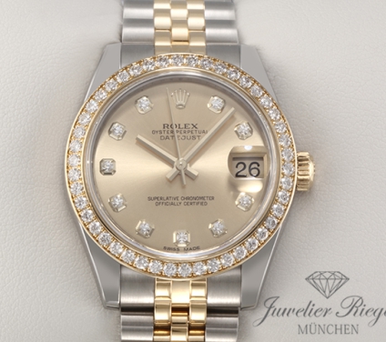 Uhransicht von vorne, hauptsächlich das Zifferblatt und die Lünette sichtbar. Rolex Medium Datejust 31 mm 178383 Stahl Gelbgold 750 Diamanten Automatik