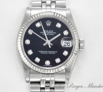 Uhransicht von vorne, hauptsächlich das Zifferblatt und die Lünette sichtbar. Rolex Medium Datejust 31 mm Stahl Weissgold 750 Diamanten 1996 Automatik Gold