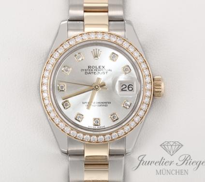 Uhransicht von vorne, hauptsächlich das Zifferblatt und die Lünette sichtbar. Rolex Lady Datejust 28 279383 RBR Stahl Gelbgold 750 Diamanten Automatik Gold