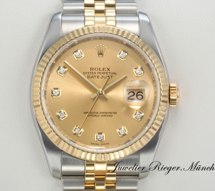 Uhransicht von vorne, hauptsächlich das Zifferblatt und die Lünette sichtbar. Rolex Datejust 36 mm 116233 2010 Diamanten Stahl Gelbgold 750 Automatik