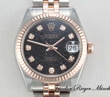 Uhransicht von vorne, hauptsächlich das Zifferblatt und die Lünette sichtbar. Rolex Datejust 31 mm 178271 Edelstahl Rosegold 750 Diamanten Gold Stahl