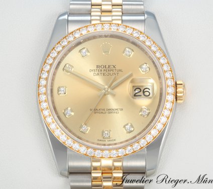 Uhransicht von vorne, hauptsächlich das Zifferblatt und die Lünette sichtbar. Rolex Datejust 36 mm 116243 2014 Stahl Gelbgold 750 Diamanten Automatik