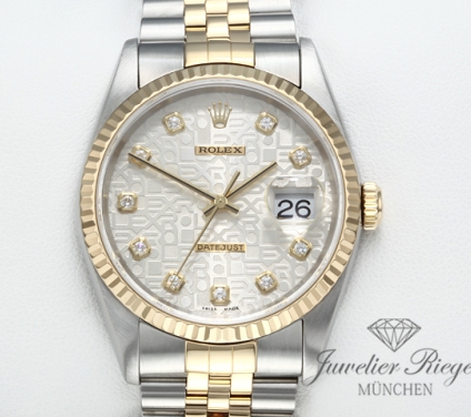 Uhransicht von vorne, hauptsächlich das Zifferblatt und die Lünette sichtbar. Rolex Datejust 36 mm 16233 1999 Diamanten Stahl Gelbgold 750 Automatik Gold