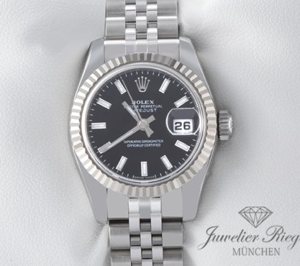 Uhransicht von vorne, hauptsächlich das Zifferblatt und die Lünette sichtbar. Rolex Lady Datejust 179174 Edelstahl Weissgold 750 Automatik Stahl Gold Damen