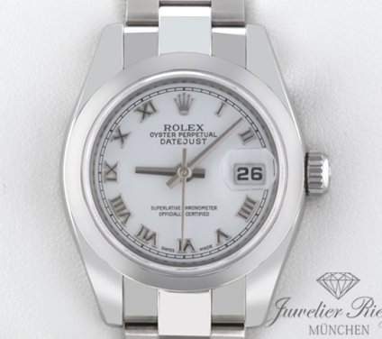 Uhransicht von vorne, hauptsächlich das Zifferblatt und die Lünette sichtbar. Rolex Lady Datejust 26 mm 179160 Edelstahl Automatik Damen Stahl Damenuhr