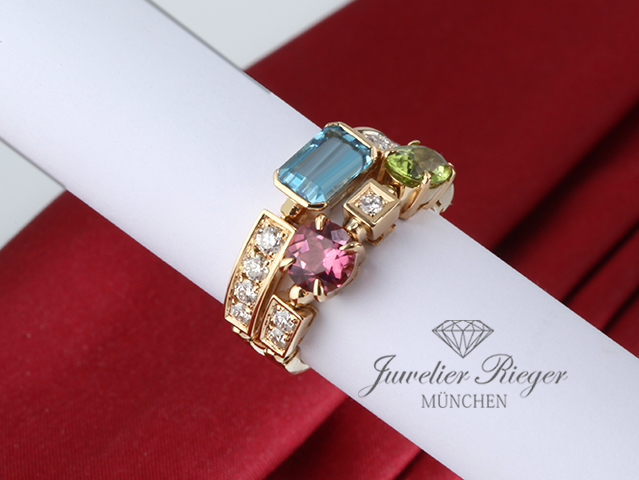 Bild 1 der Galerie: Bulgari Ring Allegra Gelbgold 750 Diamanten Blautopas Peridot Turmalin 52 Gold