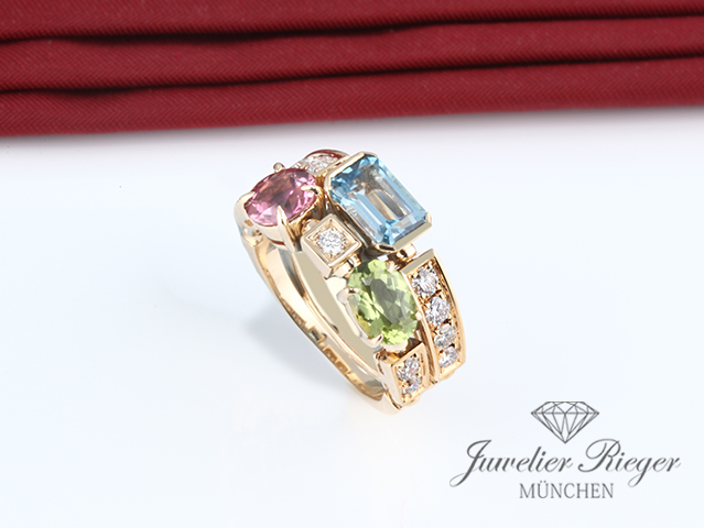 Bild 3 der Galerie: Bulgari Ring Allegra Gelbgold 750 Diamanten Blautopas Peridot Turmalin 52 Gold
