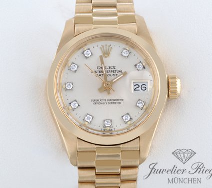 Uhransicht von vorne, hauptsächlich das Zifferblatt und die Lünette sichtbar. Rolex Lady Datejust Gelbgold 750 Diamanten Automatik Gold Damen Damenuhr