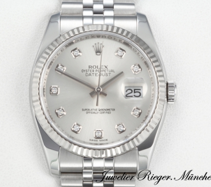 Uhransicht von vorne, hauptsächlich das Zifferblatt und die Lünette sichtbar. Rolex Datejust 36 mm 116234 2015 Stahl Weissgold 750 Diamanten Automatik Gold