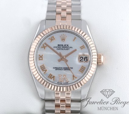 Uhransicht von vorne, hauptsächlich das Zifferblatt und die Lünette sichtbar. Rolex Datejust 31 mm 178271 2013 Stahl Rosegold 750 Perlmutt Diamanten Gold