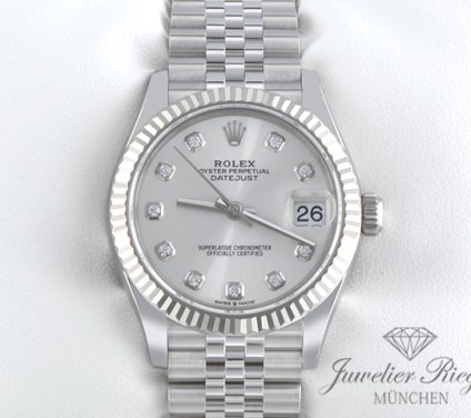 Uhransicht von vorne, hauptsächlich das Zifferblatt und die Lünette sichtbar. Rolex Medium Datejust 31 278274 2021 Stahl Weissgold 750 Diamanten Automatik