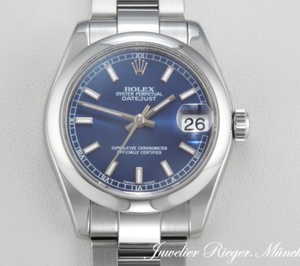 Uhransicht von vorne, hauptsächlich das Zifferblatt und die Lünette sichtbar. Rolex Medium Datejust 31 mm 178240 Edelstahl Automatik Damenuhr Stahl