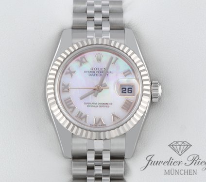 Uhransicht von vorne, hauptsächlich das Zifferblatt und die Lünette sichtbar. Rolex Lady Datejust Stahl Weissgold 750 179174 Perlmutt Automatik Gold