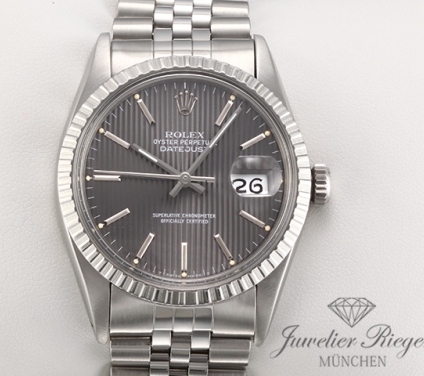 Uhransicht von vorne, hauptsächlich das Zifferblatt und die Lünette sichtbar. Rolex Datejust 36 mm 16030 Edelstahl 1984 LC100 Automatik Date Just Stahl