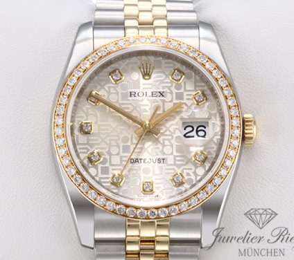 Uhransicht von vorne, hauptsächlich das Zifferblatt und die Lünette sichtbar. Rolex Datejust 36 mm 116243 2015 Stahl Gelbgold 750 Diamanten Automatik Gold