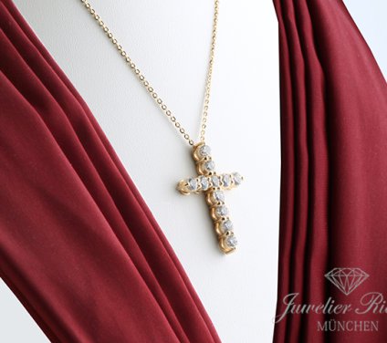 . Collier Gelbgold 750 Kreuz Anhänger Diamanten 3,36 ct. Brillanten Ungetragen