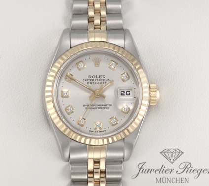 Uhransicht von vorne, hauptsächlich das Zifferblatt und die Lünette sichtbar. Rolex Lady Datejust Edelstahl Gelbgold 750 2000 Diamanten Automatik Gold Stahl
