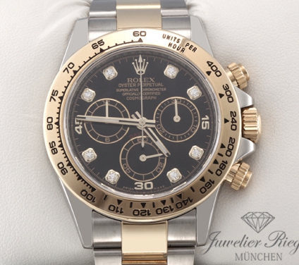 Uhransicht von vorne, hauptsächlich das Zifferblatt und die Lünette sichtbar. Rolex Daytona 116503 2018 Stahl Gelbgold 750 Diamanten Chronograph Automatik