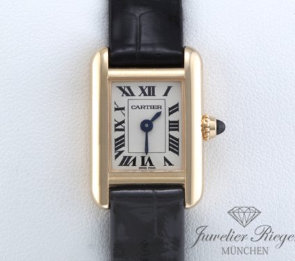 Uhransicht von vorne, hauptsächlich das Zifferblatt und die Lünette sichtbar. Cartier Tank Louis Mini Modell Gelbgold 750 2025 WGTA0352 Gold Damen