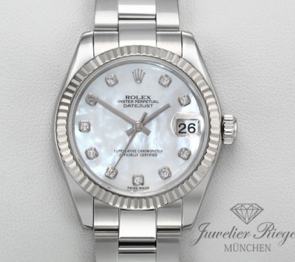 Uhransicht von vorne, hauptsächlich das Zifferblatt und die Lünette sichtbar. Rolex Datejust 31 Medium 178274 Diamanten Perlmutt Stahl Weissgold 750 Automatik