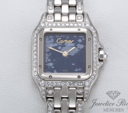 Uhransicht von vorne, hauptsächlich das Zifferblatt und die Lünette sichtbar. Cartier Lady Panthere Weissgold 750 Snowflake Obsidian Diamanten Damen Gold
