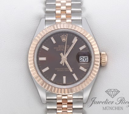 Uhransicht von vorne, hauptsächlich das Zifferblatt und die Lünette sichtbar. Rolex Lady Datejust 28 279171 Edelstahl Rosegold 750 Automatik Gold