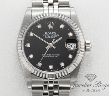 Uhransicht von vorne, hauptsächlich das Zifferblatt und die Lünette sichtbar. Rolex Medium Datejust 31 mm Stahl Weissgold 750 Diamanten Automatik Gold