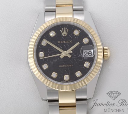 Uhransicht von vorne, hauptsächlich das Zifferblatt und die Lünette sichtbar. Rolex Medium Datejust 31 mm 178273 Edelstahl Gelbgold 750 Diamanten Gold Stahl