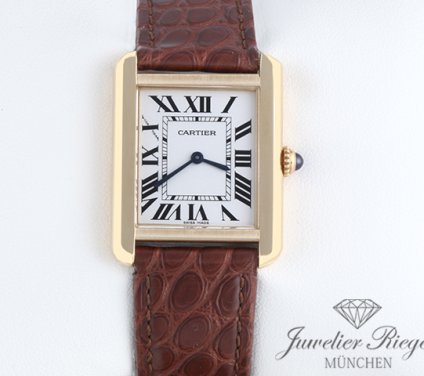 Uhransicht von vorne, hauptsächlich das Zifferblatt und die Lünette sichtbar. Cartier Lady Tank Solo Edelstahl Gelbgold 750 2019 W5200002 Stahl Gold Damen