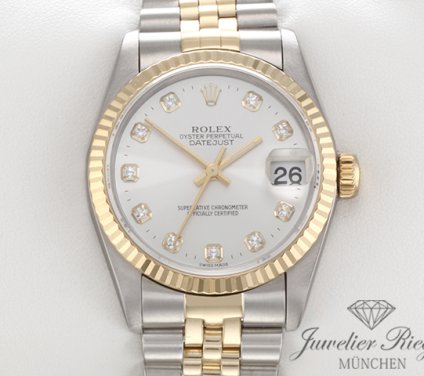 Uhransicht von vorne, hauptsächlich das Zifferblatt und die Lünette sichtbar. Rolex Medium Datejust 31 mm 1999 Stahl Gelbgold 750 Diamanten Automatik