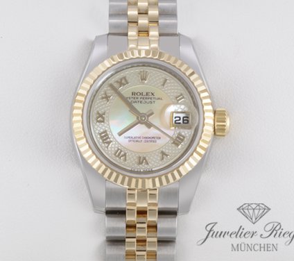 Uhransicht von vorne, hauptsächlich das Zifferblatt und die Lünette sichtbar. Rolex Lady Datejust 179173 Stahl Gelbgold 750 Perlmutt Automatik Gold Damen